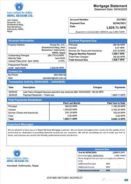 Download Nepal SBI Bank mortgage statement Word and PDF template Photoshop template